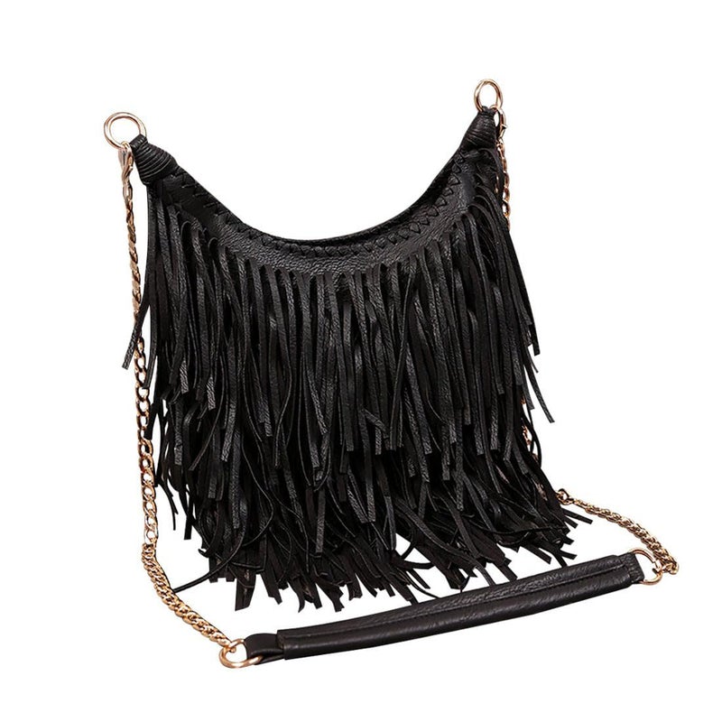 LUI SUI Women's Fashion Fringed Shoulder Bag Tassel Cross Body Bags (Black) - Image 2
